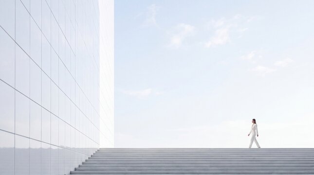 Businesswoman Walking near Modern White Architectural Building
