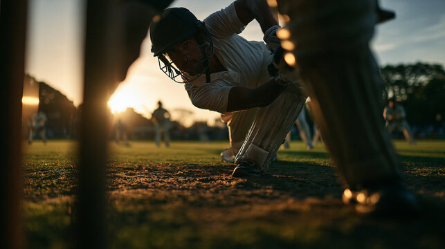 Cricket Batsman in Action on Pitch During Sunset
