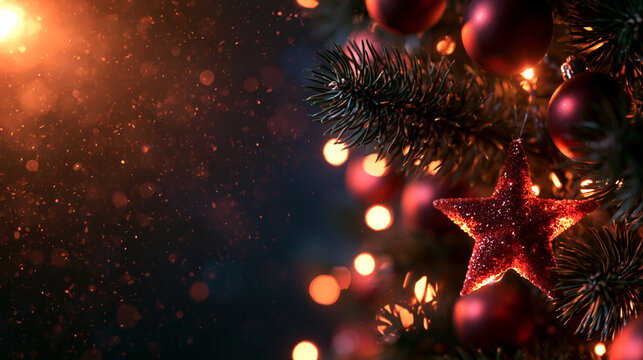 Christmas Tree Decorated with Red Star and Lights