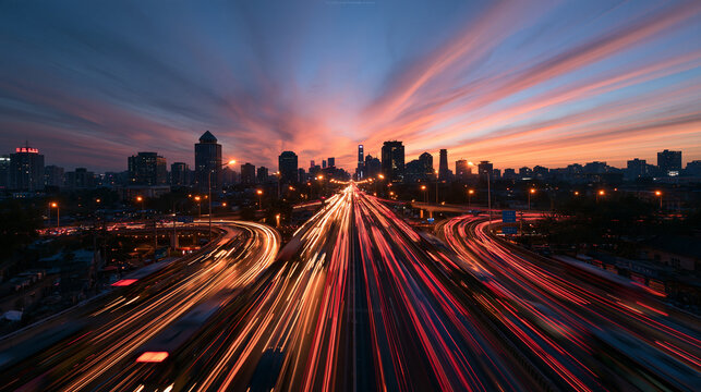 Highway Traffic Light Trails Towards City Skyline at Sunset