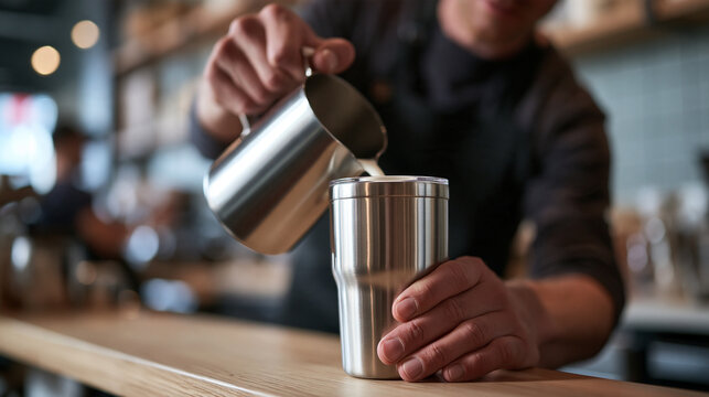 Barista Pouring Steamed Milk into Reusable Tumbler