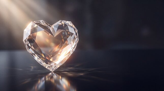 Heart Shaped Diamond Sparkling on Dark Reflective Surface