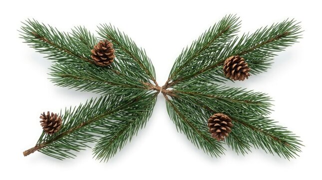 Top view of evergreen pine branches with small brown pine cones arranged symmetrically on a white background