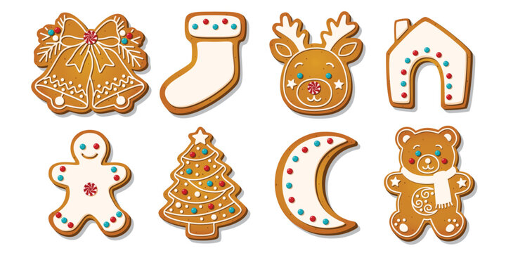 Christmas Gingerbread cookies for xmas celebration. Winter homemade biscuits with sweet icing details in festive shapes isolated on white background. Festive decoration vector illustration.