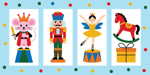 Fototapeta premium Nutcracker Ballet Christmas Cards with Cute Cartoon Toy Soldier, Ballerina Dancer, Mouse King and Rocking Horse Vector Illustrations