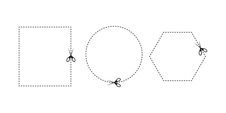 Set of various geometric shapes with dashed cutting lines and scissors icons
