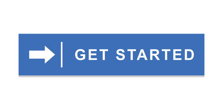 Blue rectangular button with white get started text and a right arrow icon for web user interface