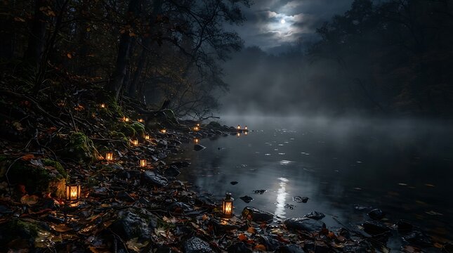 Glowing lanterns along a misty pond shore in the deep dark forest under a full moon night landscape