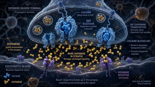 Cocaine blue molecules blocking the dopamine transporter dat on a neuron terminal with gold dopamine accumulating in the nucleus accumbens synapse