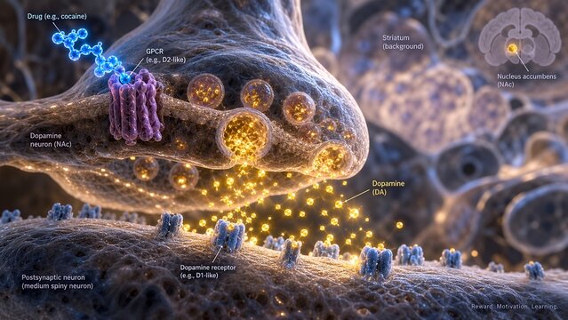 Nucleus accumbens showing gold dopamine sparks released by a drug stimulus while blue drug molecules activate a g protein coupled receptor gpcr in the synaptic cleft