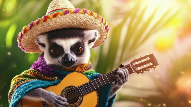 Cheerful lemur in sombrero playing guitar in vibrant tropical setting. Cinco de Mayo, Battle of Puebla Day, Mexican Heritage Festival - Latin American Cultural Celebration