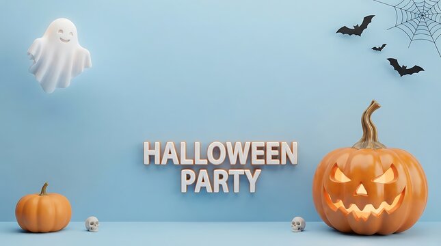 Halloween party 3D background with carved pumpkin, ghost, bats and skull on a light blue wall surface