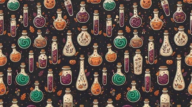Seamless Halloween pattern with magical potion bottles and pumpkins on a dark background for autumn festive design