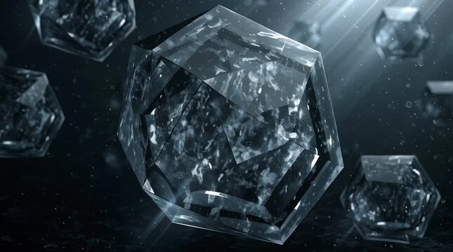 Abstract transparent crystal structures slowly rotate and drift at different depths, refracting light and creating moving caustic patterns in a dark atmospheric environment.