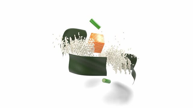 Sushi roll explodes and reassembles on white background. Looped animation