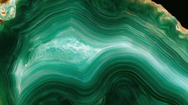 The green agate slice reveals banded translucent layers when backlit, adding depth against a luxurious backdrop with ample copy space.