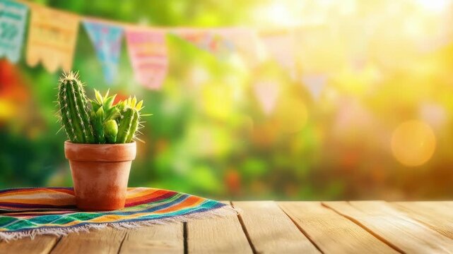 Sunlit cactus in clay pot on wooden table with colorful bunting in background. Cinco de Mayo, Battle of Puebla Day, Mexican Heritage Festival - Latin American Cultural Celebration