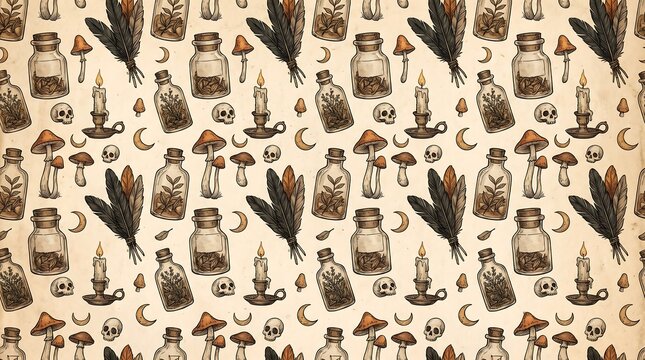 Seamless pattern with vintage potion bottles, candles, feathers, mushrooms, and skulls on aged paper