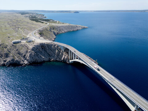 Aerial View of Pag Bridge and Rugged Coastline of Pag Island, Croatia