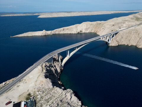 Aerial View of Pag Bridge and Rugged Coastline of Pag Island, Croatia