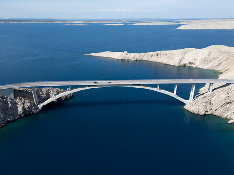 Aerial View of Pag Bridge and Rugged Coastline of Pag Island, Croatia