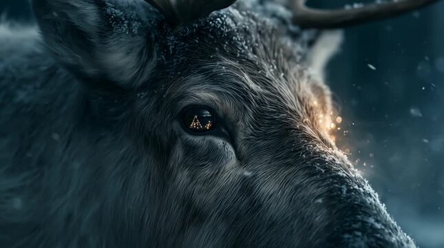 A majestic reindeer stands in a snowy forest at night, its frost-covered fur and antlers illuminated by warm Christmas lights reflected in its eyes, with snow and visible breath.