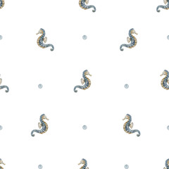 Seahorse seamless watercolor pattern isolated on background. Ocean baby repeat for fabric, wallpaper, nursery textiles and wrappings. Childish backdrop in pastel blue and beige colors for bed linen. © Alisles