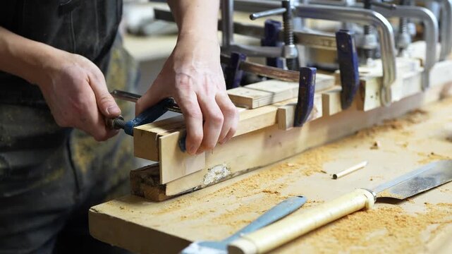 Craftsman hands fixing wooden board with blocks to workbench using clamps tools in carpentry studio, skilled woodworker fixating plank to worktable with instruments, craftsmanship and handmade repair.