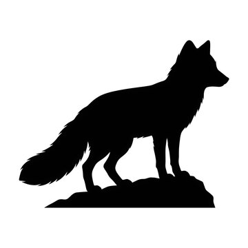 Fox silhouette on rock, black animal profile on white background, wild fox standing on stone, minimalist wildlife graphic