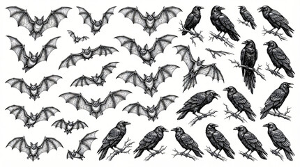 Obraz premium Spooky Halloween Bat Raven Graphic Collection Hand Drawn Line Art Flying Bat Textured Wing Gothic Perched Raven Sharp Claw Realistic Engraving Shading Black Ink White Background Asset
