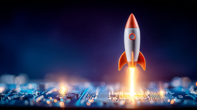 A rocket launching from an electronic circuit board represents technology startup growth innovation acceleration and successful product development.
