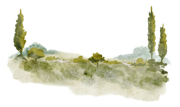 Mediterranean landscape watercolor illustration with cypress trees and soft countryside scenery isolated on background. Italian and Tuscan fields clipart for rural and travel designs.