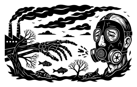 Environmental pollution concept with man in gas mask factory smoke and dead nature in woodcut style