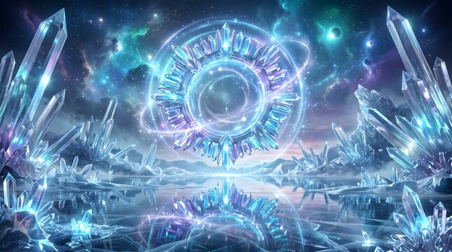 Ethereal crystal portal in cosmic landscape, glowing magic circle with blue quartz clusters, mystical fantasy galaxy background