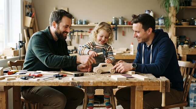 Two fathers and their child happily building a wooden toy car together in a workshop