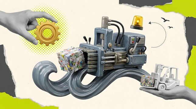 industrial waste compactor machine with gear and forklift held by hands