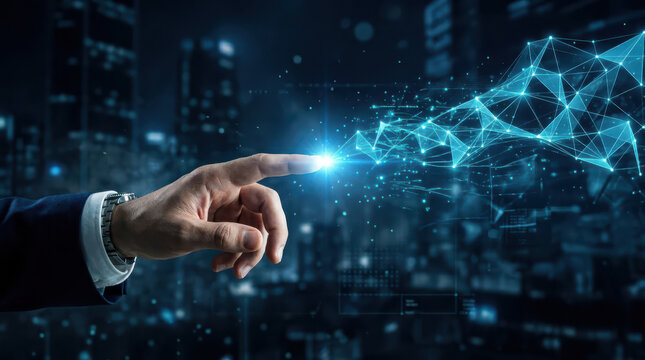 Digital Technology concept with professional hand interacting with glowing network in new futuristic city, symbolizing digital transformation, connectivity, innovation, data and smart technology