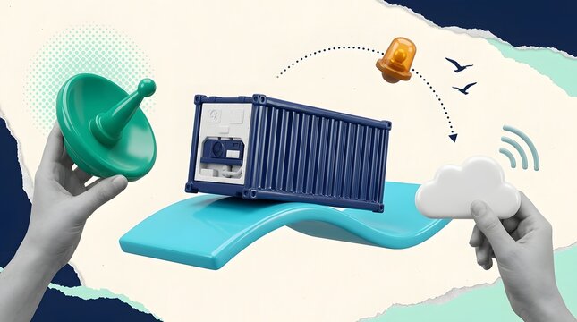 shipping container on curved platform with hands holding cloud and radar objects