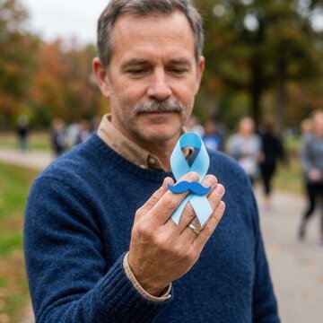 Man Holding Blue Ribbon And Mustache Charm For Prostate Cancer Awareness Month