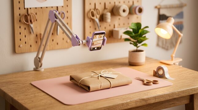 Smartphone mounted on boom arm above wrapped package for unboxing recording on wooden desk