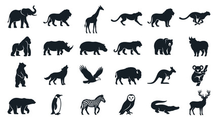 Obraz premium Black-and-white silhouettes of diverse prehistoric and modern animals arranged in a grid pattern for educational or design use.