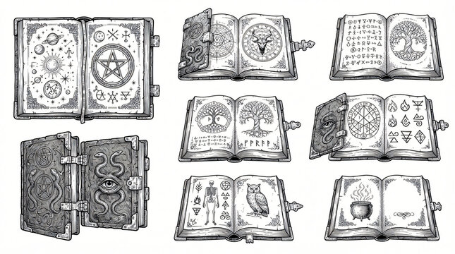 Ancient Spellbook Witch Grimoire Line Art Doodle Graphic Pack Detailed Open Leather Bound Book Occult Symbol Cracked Cover Metal Clasp Woodcut Shading Hand Drawn Line Plain White Background