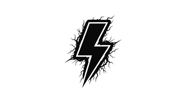A bold black lightning bolt with jagged edges and crackling energy effects stands out sharply against a plain white background.