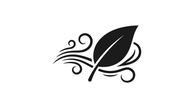 A stylized black leaf with swirling decorative lines against a clean white background creates an elegant graphic design.