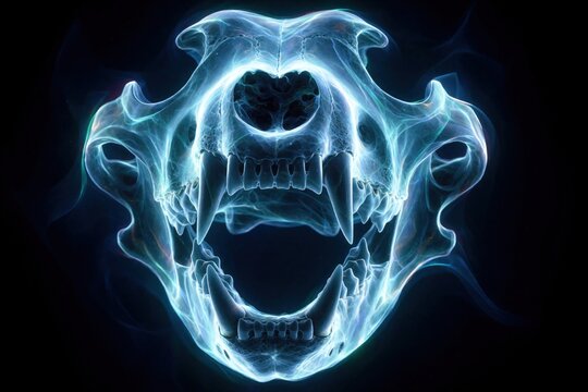 Luminescent wolf skull appears as an ethereal X-ray. Its glowing bone structure opens jaws against a dark backdrop. Digital artwork details intricate anatomy for medical or fantasy themes.