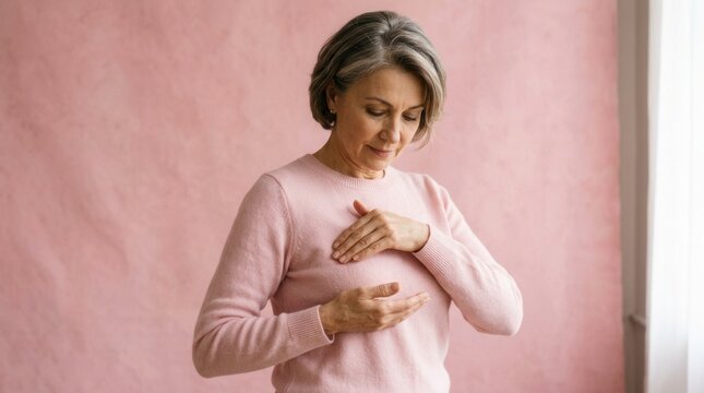 Mature Woman Performing Breast Self-Examination Pink Background