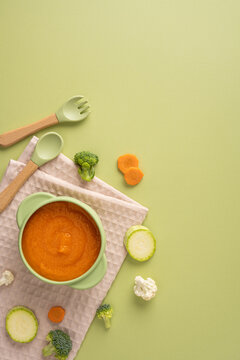 Baby's first feeding with homemade carrot puree in a green bowl and spoon for healthy food introduction to solids on vertical green table
