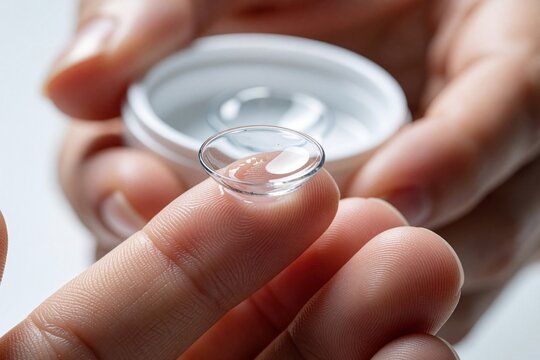 Close up of person holding soft contact lens on fingertip. Hands prepare clear vision correction lens from white container. Human fingers touch optical medical product for eye care, optometry