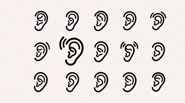 Collection of outline ear icons showing listening hearing and sound waves. Simple minimalist visual art for medical audiology or communication concepts.