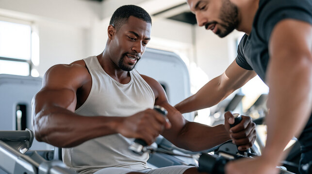Cropped view of a young man in light sportswear seated on a pec deck machine pressing the handles together while a trainer stands beside him both faces outside the frame bright gym with
